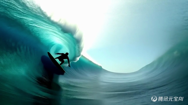 Original HunyuanVideo results: a motorcycle tracking shot, a surfer inside a wave, and a colorful coral reef.